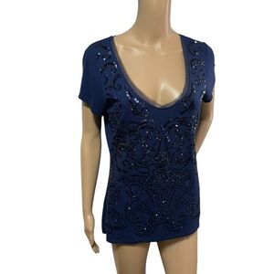 Y2K vibes Sequin top deep V-Neck navy blue
WHBM ladies size M Embellished bling